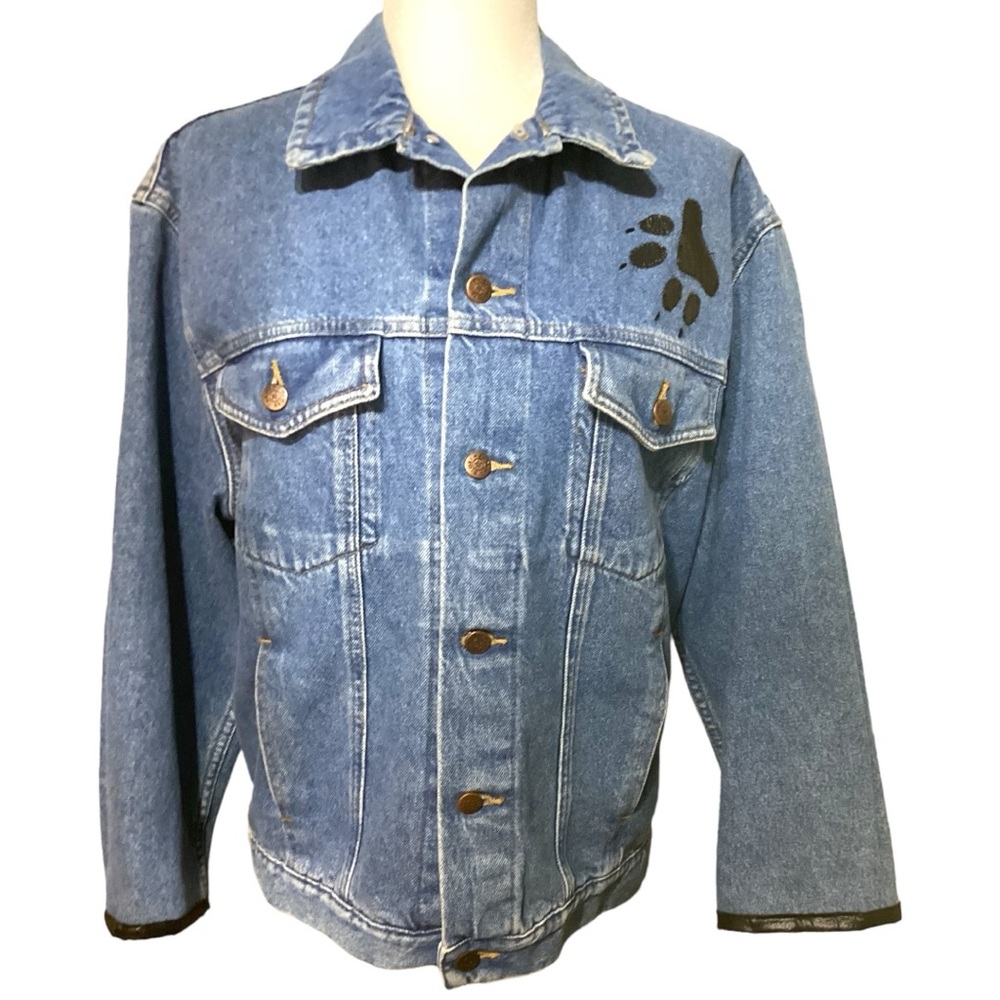 Vintage Blue Jean Jacket with Custom Black Wolf Decals - Women's‎ Size Large